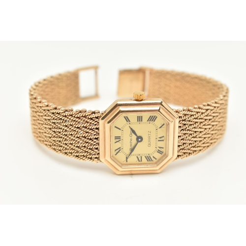 39 - A LADIES 9CT GOLD 'BUECHE-GIROD' WRISTWATCH, quartz movement, square gold tone dial with cut off cor... 