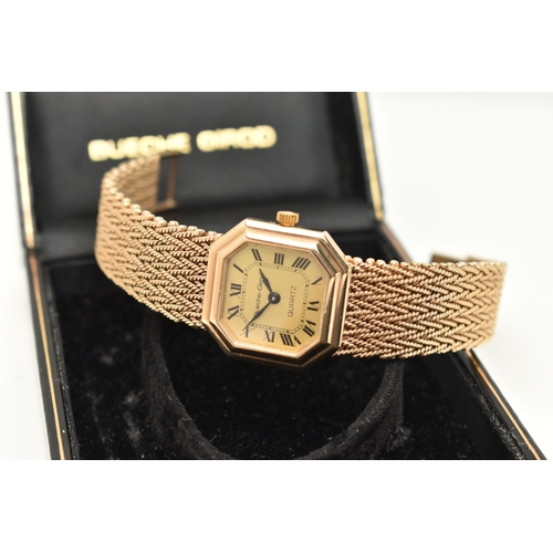 39 - A LADIES 9CT GOLD 'BUECHE-GIROD' WRISTWATCH, quartz movement, square gold tone dial with cut off cor... 