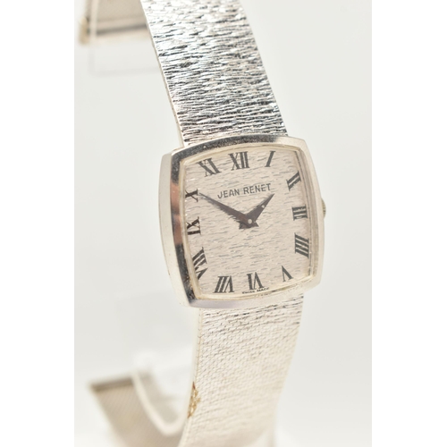 40 - A LADIES 9CT WHITE GOLD 'JEAN-RENET' WRISTWATCH, manual wind movement, rounded square textured dial ... 