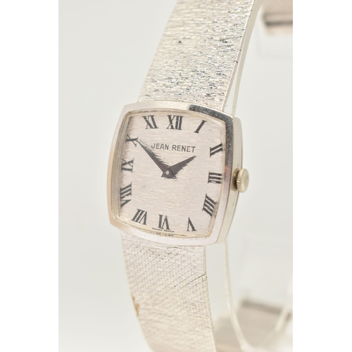 40 - A LADIES 9CT WHITE GOLD 'JEAN-RENET' WRISTWATCH, manual wind movement, rounded square textured dial ... 