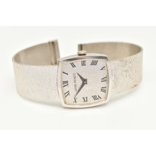 40 - A LADIES 9CT WHITE GOLD 'JEAN-RENET' WRISTWATCH, manual wind movement, rounded square textured dial ... 