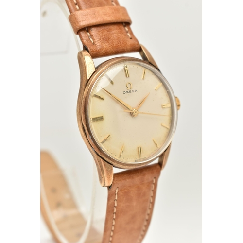 41 - A GENTS 9CT GOLD 'OMEGA' WRISTWATCH, manual wind, round silvered dial signed 'Omega', baton markers,... 