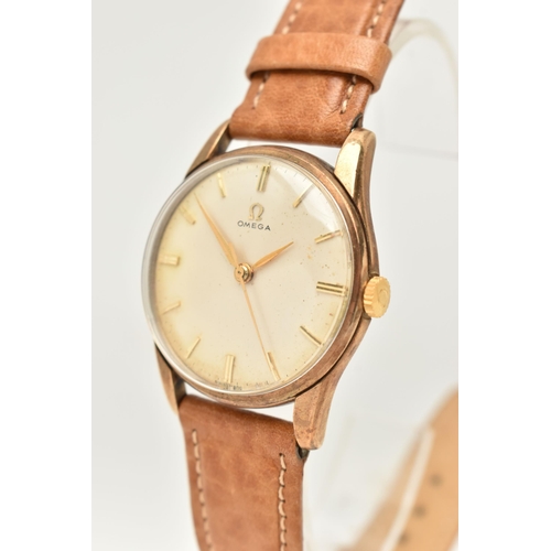 41 - A GENTS 9CT GOLD 'OMEGA' WRISTWATCH, manual wind, round silvered dial signed 'Omega', baton markers,... 