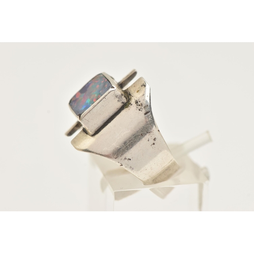 5 - A SILVER GEM SET RING, a silver modernist design ring, collet set with an opal doublet, hallmarked '... 