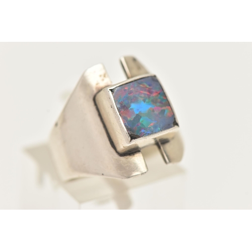 5 - A SILVER GEM SET RING, a silver modernist design ring, collet set with an opal doublet, hallmarked '... 