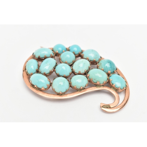 9 - A MID 20TH CENTURY YELLOW METAL TURQUOISE BROOCH, of tear drop design, set with turquoise cabochons,... 