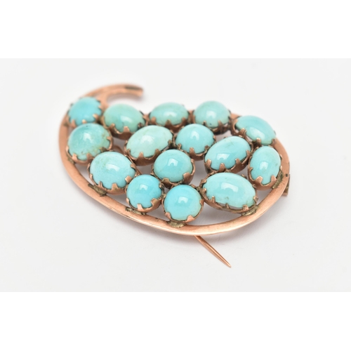 9 - A MID 20TH CENTURY YELLOW METAL TURQUOISE BROOCH, of tear drop design, set with turquoise cabochons,... 