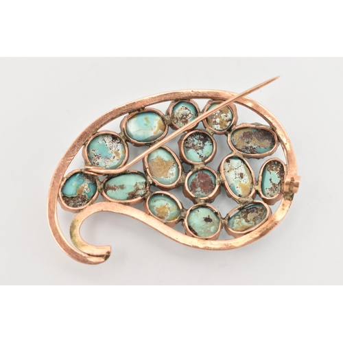 9 - A MID 20TH CENTURY YELLOW METAL TURQUOISE BROOCH, of tear drop design, set with turquoise cabochons,... 