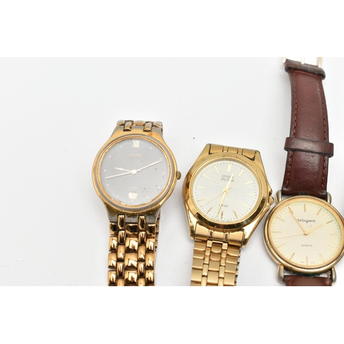 102 - AN ASSORTMENT OF WATCHES, five gents wristwatches, to include a 'Citizen Eco Drive', gold plated wri... 