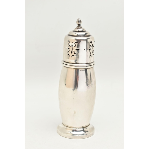 103 - AN EARLY 20TH CENTURY SILVER SUGAR CASTER, of a polished form with pierced cover and pointed finial,... 