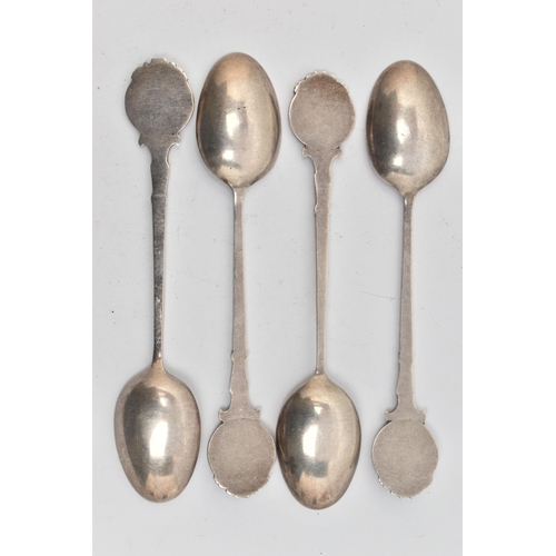 105 - FOUR SILVER TEASPOONS, each with a painted round terminal depicting dogs, the scrolling stems and po... 