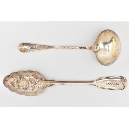 107 - TWO SILVER SPOONS, the first a berry spoon embossed detail to the bowl with a fiddle pattern handle,... 