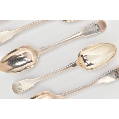 110 - SIX GEORGE III SILVER SPOONS, a set of six matching fiddle pattern spoons with monogram engraving, h... 