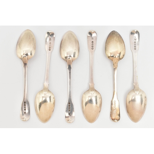 110 - SIX GEORGE III SILVER SPOONS, a set of six matching fiddle pattern spoons with monogram engraving, h... 