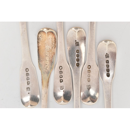 110 - SIX GEORGE III SILVER SPOONS, a set of six matching fiddle pattern spoons with monogram engraving, h... 