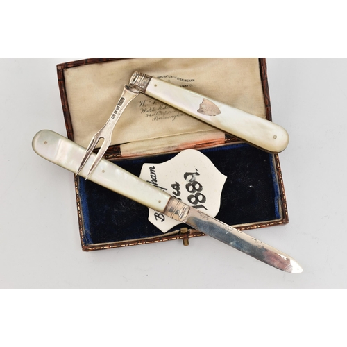 112 - A VICTORIAN FRUIT KNIFE AND FORK, a silver fruit knife with mother of pearl handle, hallmarked 'Hill... 