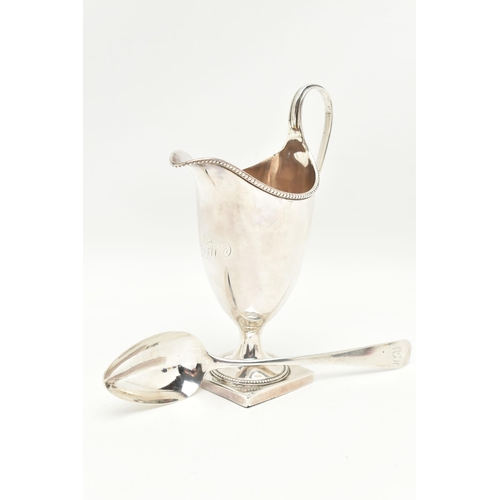 113 - A GEORGE III SILVER CREAM JUG AND A SPOON, the jug of a polished form, beaded rim and engraved initi... 