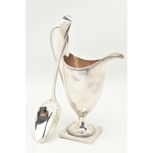 113 - A GEORGE III SILVER CREAM JUG AND A SPOON, the jug of a polished form, beaded rim and engraved initi... 