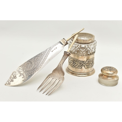 115 - ASSORTED SILVER ITEMS, two include a glass jar with embossed removeable silver base, silver rim and ... 