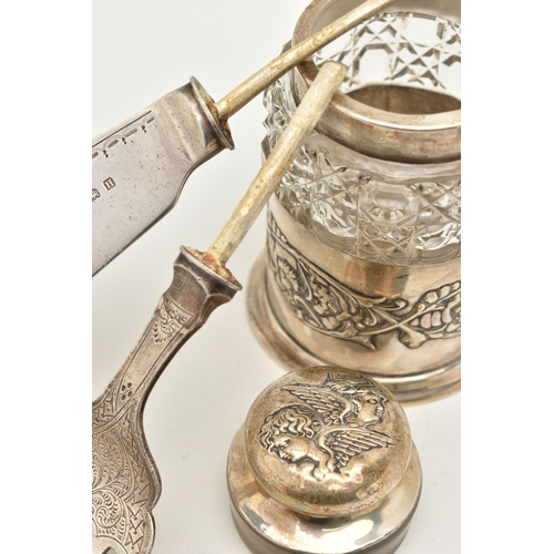 115 - ASSORTED SILVER ITEMS, two include a glass jar with embossed removeable silver base, silver rim and ... 