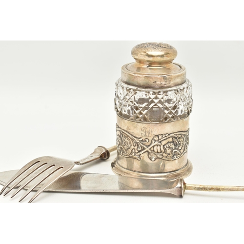 115 - ASSORTED SILVER ITEMS, two include a glass jar with embossed removeable silver base, silver rim and ... 