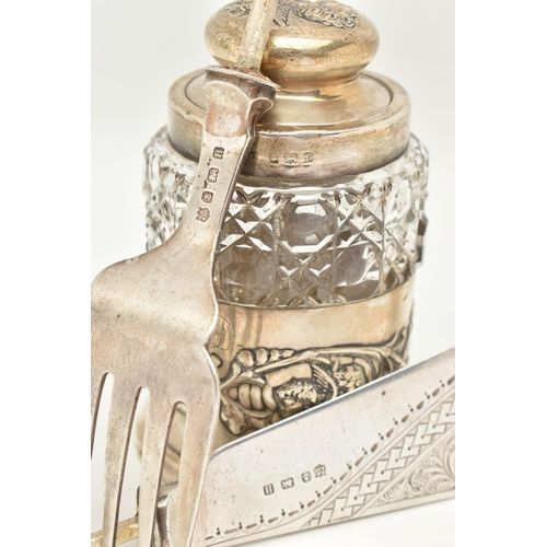 115 - ASSORTED SILVER ITEMS, two include a glass jar with embossed removeable silver base, silver rim and ... 