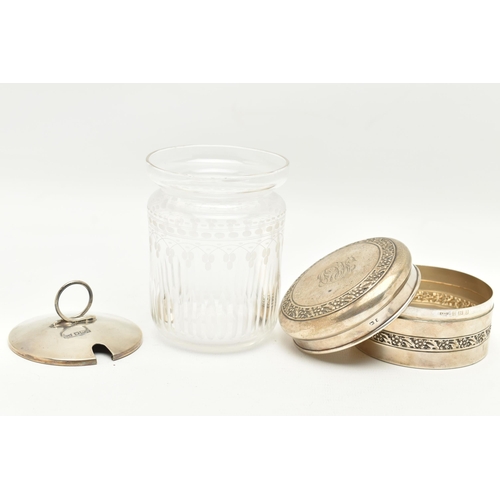 116 - A SILVER BOX AND SILVER LIDDED JAR, a circular form silver box with embossed detail and monogram eng... 