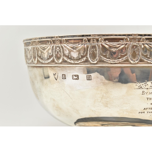 119 - A GEORGE V SILVER PEDAESTAL PRESENTATION BOWL, circular form bowl with garland detail to the rim, en... 