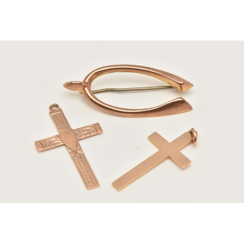 48 - THREE PIECES OF JEWELLERY, to include a 9ct rose gold polished cross pendant, hallmarked 9ct Birming... 