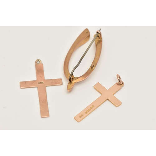 48 - THREE PIECES OF JEWELLERY, to include a 9ct rose gold polished cross pendant, hallmarked 9ct Birming... 