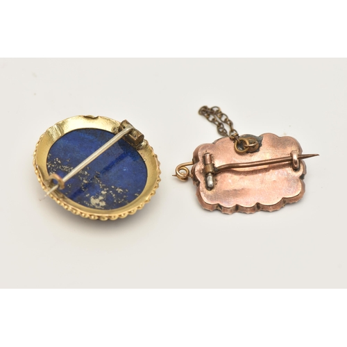 54 - TWO BROOCHES, to include a rose metal Georgian memorial brooch, of a rectangular form, vacant centra... 