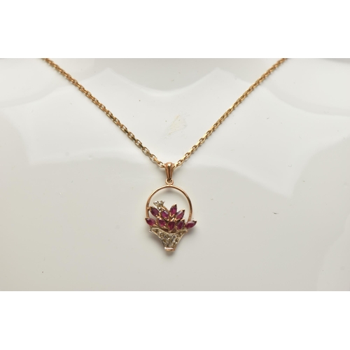 55 - A 9CT GOLD GEM SET PENDANT NECKLACE, the pendant in the form of a flower basket set with marquise cu... 