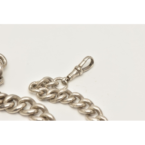 59 - A SILVER GRADUATED ALBERT CHAIN WITH FOB MEDAL, heavy graduated curb link Albert chain, each link st... 