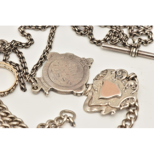 60 - TWO ALBERT CHAINS WITH FOB MEDALS AND A RING, the first a double Albert chain with T-bar and lobster... 