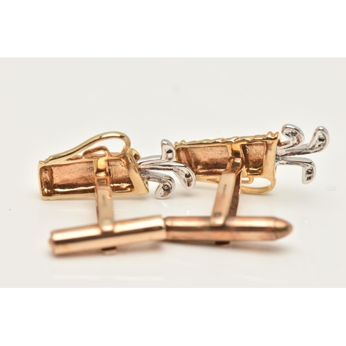 62 - A PAIR OF 9CT GOLD DIAMOND SET CUFFLINKS, each designed as a golf bag and clubs, each club set with ... 