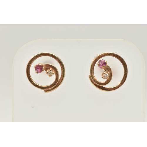 70 - A PAIR OF 9CT GOLD RUBY AND DIAMOND STUD EARRINGS, each of circular outline with central circular cu... 