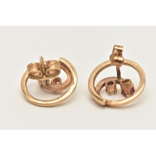 70 - A PAIR OF 9CT GOLD RUBY AND DIAMOND STUD EARRINGS, each of circular outline with central circular cu... 