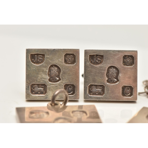 71 - A PAIR OF SILVER JUBILEE CUFFLINKS AND TWO PENDANTS, all designed as square ingot panels with silver... 