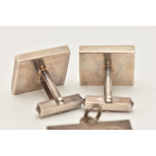 71 - A PAIR OF SILVER JUBILEE CUFFLINKS AND TWO PENDANTS, all designed as square ingot panels with silver... 