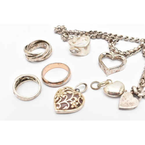 82 - EIGHT PIECES OF WHITE METAL JEWELLERY, to include a white metal belcher style chain with heart padlo... 