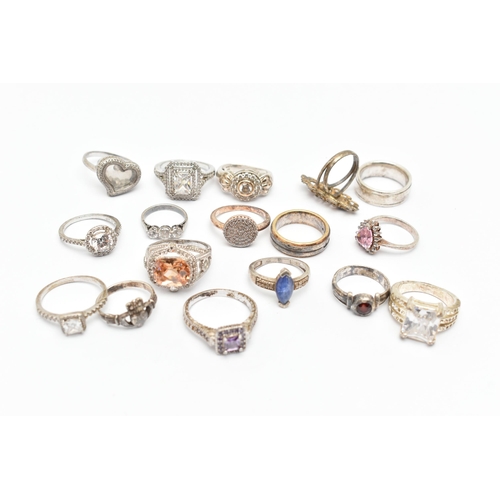 84 - A BAG OF WHITE METAL RINGS, various designs and styles, some set with cubic zirconia stones, eleven ... 