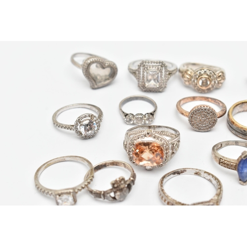 84 - A BAG OF WHITE METAL RINGS, various designs and styles, some set with cubic zirconia stones, eleven ... 