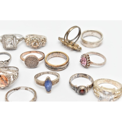 84 - A BAG OF WHITE METAL RINGS, various designs and styles, some set with cubic zirconia stones, eleven ... 