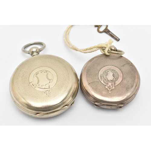 85 - TWO OPEN FACE POCKET WATCHES, both key wound movements, with white Roman numeral dials, each with a ... 