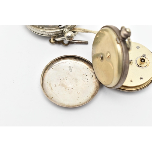 85 - TWO OPEN FACE POCKET WATCHES, both key wound movements, with white Roman numeral dials, each with a ... 