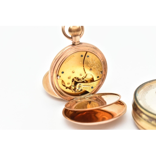 86 - A FULL HUNTER POCKET WATCH AND A POCKET BAROMETER, a hand wound gold plated full hunter pocket watch... 