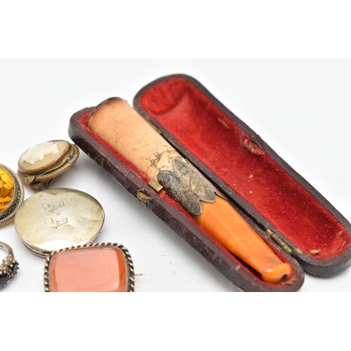 89 - A SMALL ASSORTMENT OF ANTIQUE JEWELLERY AND ITEMS, to include a cased amber and silver mounted chero... 