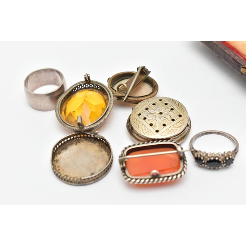 89 - A SMALL ASSORTMENT OF ANTIQUE JEWELLERY AND ITEMS, to include a cased amber and silver mounted chero... 