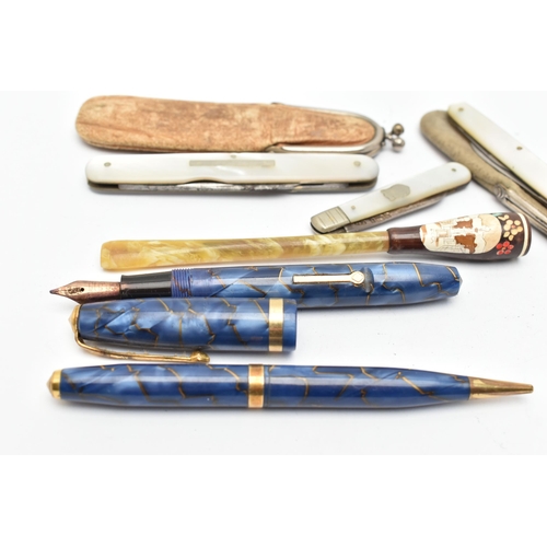 91 - THREE FRUIT KNIVES A CHEROOT AND TWO PENS, to include a small silver blade fruit knife hallmarked Sh... 