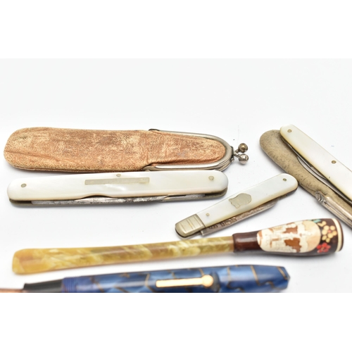 91 - THREE FRUIT KNIVES A CHEROOT AND TWO PENS, to include a small silver blade fruit knife hallmarked Sh... 